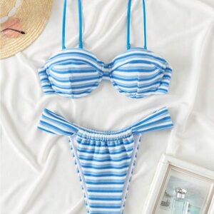 Blue and White Striped Bikini Set